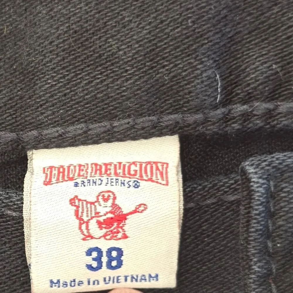 True Religion Straight Leg Washed Black Jeans Signature Horseshoe Pocket Size 38